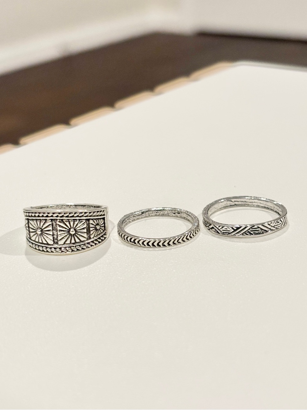 Silver Tone Size 6 and 7 Boho Stackable Rings Set Tribal Geometric Wide Band